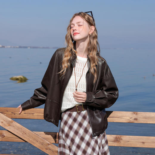 三彩2026春季新款立领长袖PU皮外套夹克拉链开衫复古宽松休闲M 商品图3