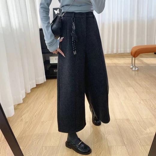F010747后半松紧腰毛呢羊毛裤宽松直筒加绒休闲阔腿裤女秋冬裤子八分裤 商品图5