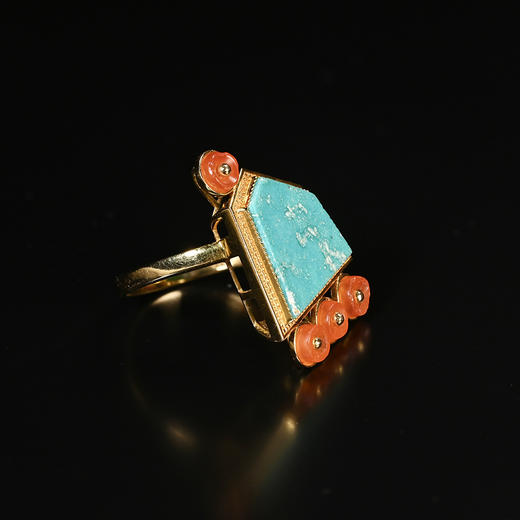 夏商绿松石嵌片+西亚高古红玛瑙“花枝俏”戒指 商品图3