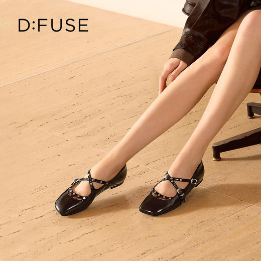 Dfuse迪芙斯2026春季新款尖头双条带铆钉甜酷朋克亮面漆皮单鞋平跟鞋DFE1111048 商品图1