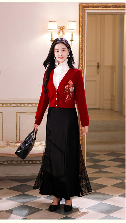 逸红颜 慕然 2026迎春新品优雅都市缎面蕾丝拼接小鱼尾半身裙女 商品图8