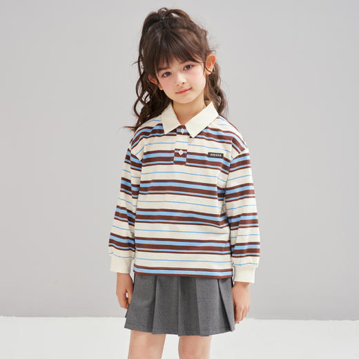 笛莎Deesha 2026春季女童时尚学院风条纹翻领长袖T恤 商品图3