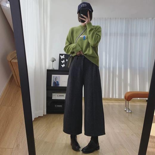 F010747后半松紧腰毛呢羊毛裤宽松直筒加绒休闲阔腿裤女秋冬裤子八分裤 商品图8