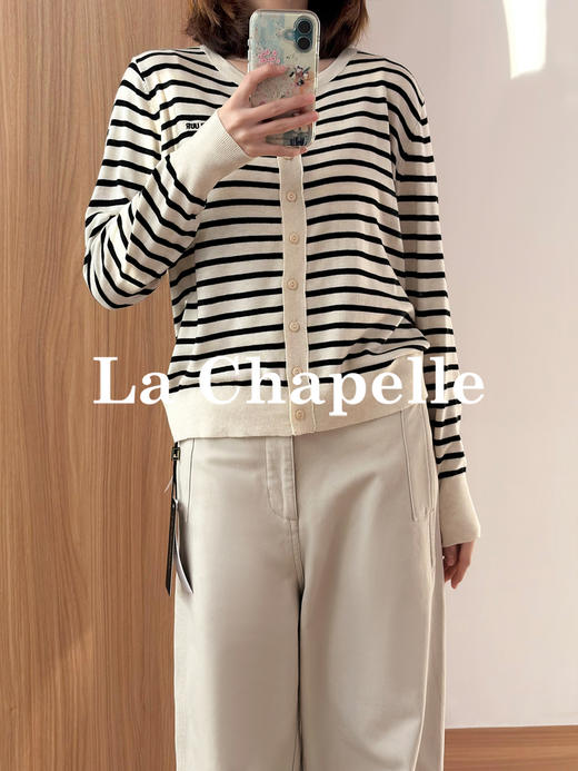 专柜实拍【绵羊毛+桑蚕丝】拉夏贝尔/La Chapelle垂感高级！长期主义实穿高性价比圆领刺绣条纹针织衫★ 商品图3