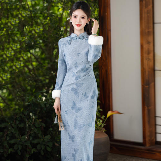 秋冬季蓝色加绒加厚国风新中式长款长袖年轻款复古改良旗袍SC22398 商品图0