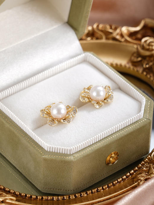 子佩集【曙色花香】银S925珍珠惜王妃耳钉【XXED004】6.5mm珠镀金花朵向日葵2601 商品图7