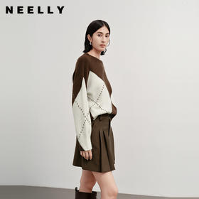 NEELLY纳俪商场同款冬新款菱格纹圆领针织衫女设计感宽松软糯上衣N25112A01125