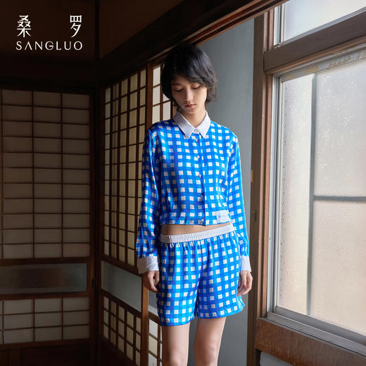 复古文艺』桑罗蓝白格纹睡衣套装桑蚕丝女士家居服可外穿 商品图1