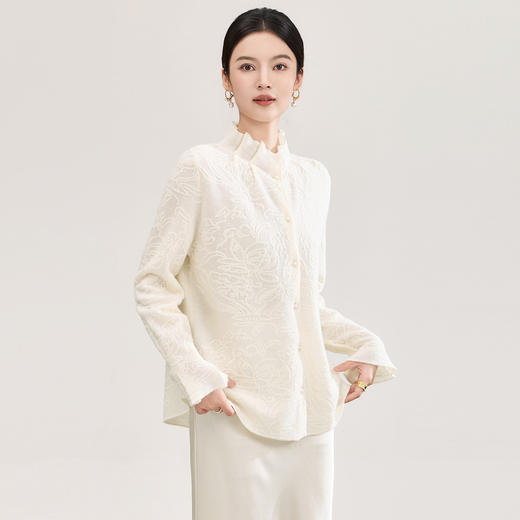 「高货wl」全新升级【铂金会员275/天猫369/差价94】(10415)洛诗琳立体交织羊毛提花衬衫2026春季法式木耳边针织上衣 商品图0