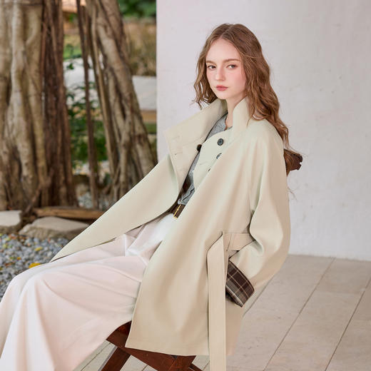 三彩2026春季新款宽松简约风衣中长外套开衫复古配腰带休闲上衣M 商品图1