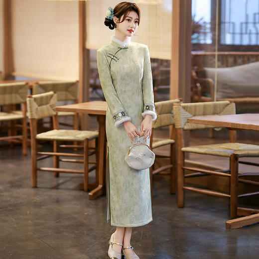 加绒国风苏州长袖改良旗袍冬季厚款新中式复古秋冬旗袍SC22681 商品图3