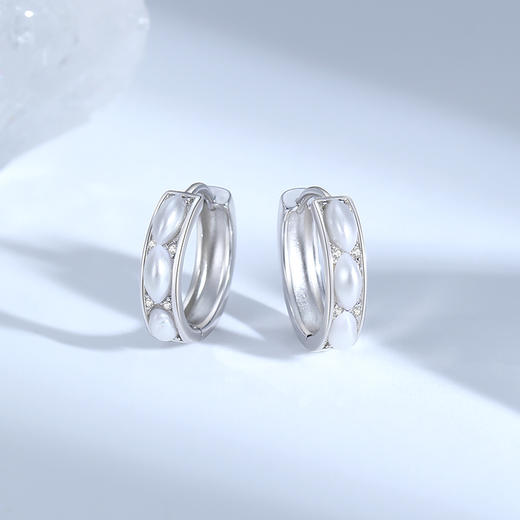Winy S925 银环间珠影耳扣 仿珍珠合成立方氧化锆 银色精致通勤耳饰 气质百搭 商品图0