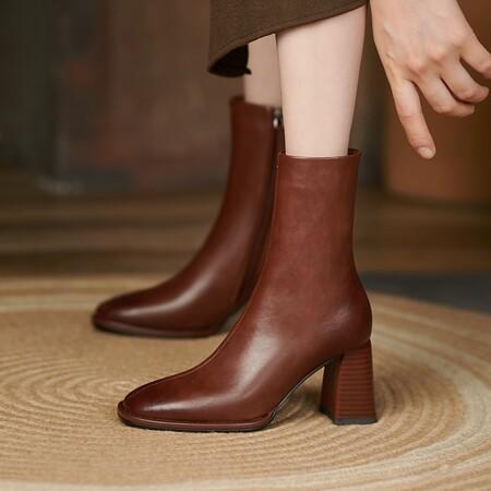 【预售5天】方头粗跟短靴牛皮加绒女靴复古单靴马丁靴高跟瘦瘦靴A08-8 商品图3