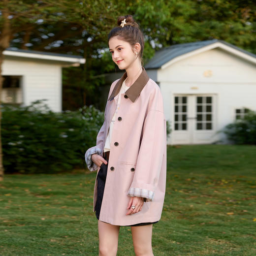 三彩2026春季新款宽松翻领风衣中长撞色外套开衫防风休闲上衣M 商品图3