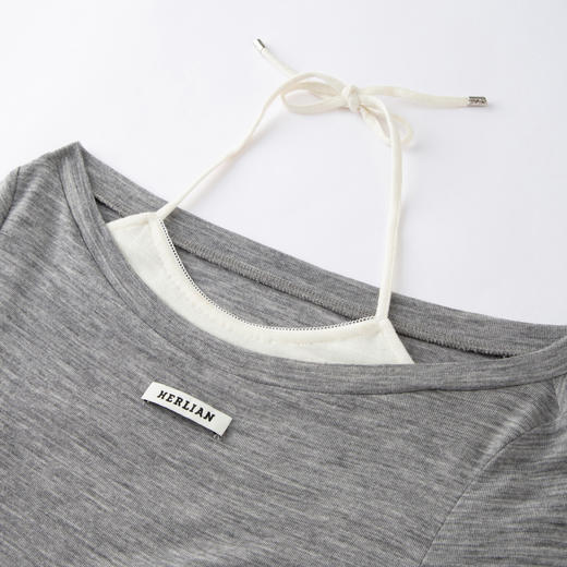 HERLIAN 2026年春季新品假两件系带挂脖合身百搭女士长袖T恤 商品图3