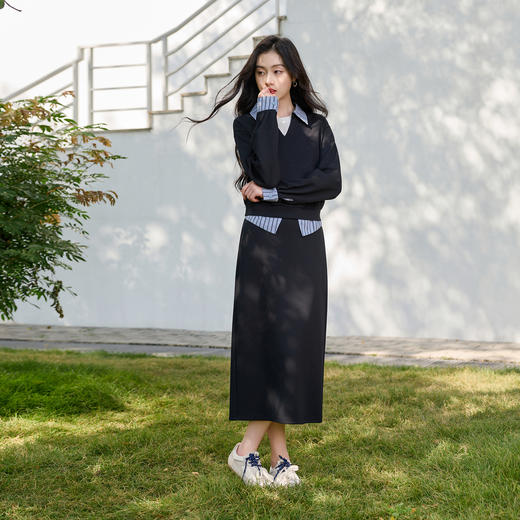三彩2026春季新款卫衣套装套头翻领上衣直筒高腰半身裙两件套S 商品图3
