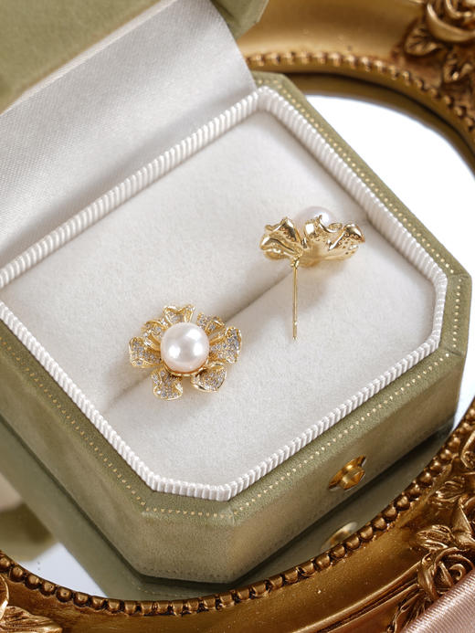 子佩集【曙色花香】银S925珍珠惜王妃耳钉【XXED004】6.5mm珠镀金花朵向日葵2601 商品图5
