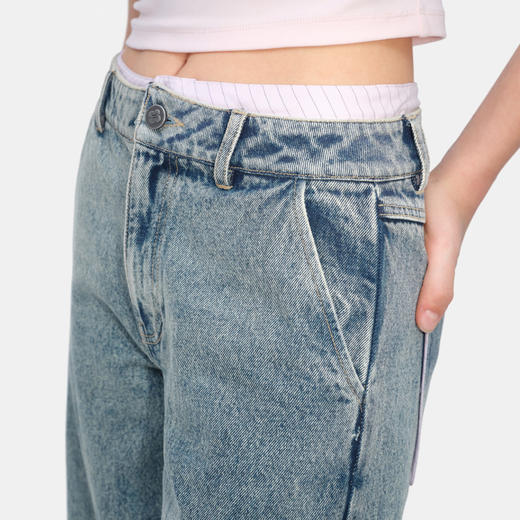 HERLIAN 2026年春季新品双腰头拼接女士阔腿显瘦水洗休闲牛仔裤 商品图3