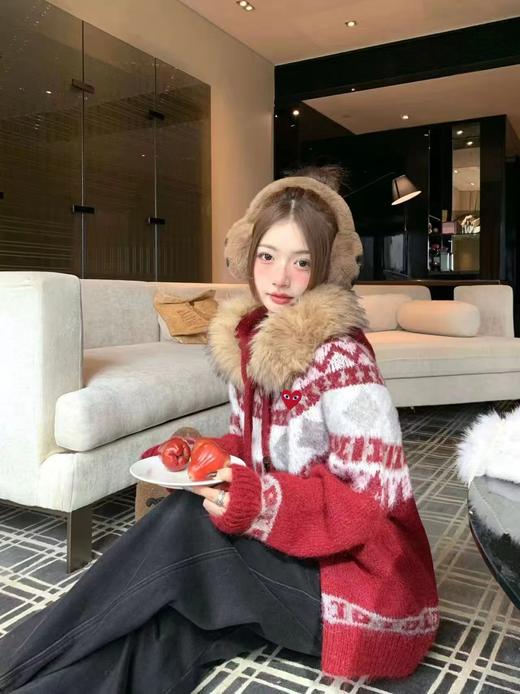 F010709酒红色费尔岛几何提花图案针织开衫女款 商品图2