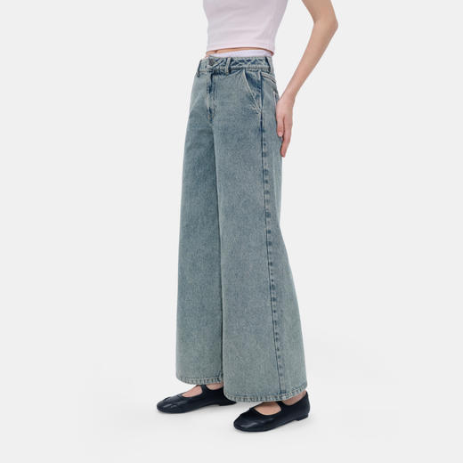 HERLIAN 2026年春季新品双腰头拼接女士阔腿显瘦水洗休闲牛仔裤 商品图1