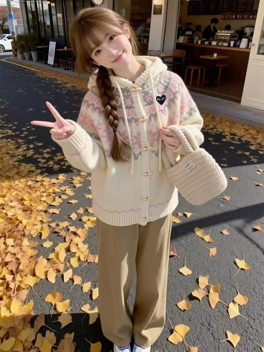 F010757甜美清新软糯木质牛角扣连帽针织开衫 商品图7