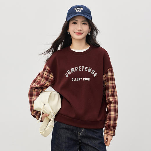 【1/21新品】熙世界美式复古加绒卫衣女宽松慵懒秋冬格纹长袖拼接字母印花上衣 商品图3