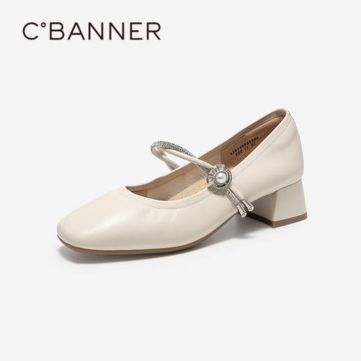 千百度珍珠绊带玛丽珍鞋女2026春季新款粗高跟羊皮小香风晚晚单鞋A26168831 商品图1