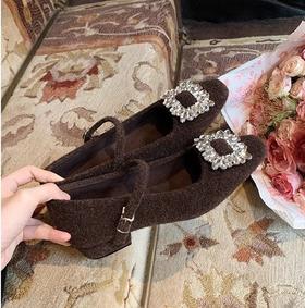 水钻毛呢玛丽珍秋冬加绒方头一字带小粗跟保暖法式女神鞋
