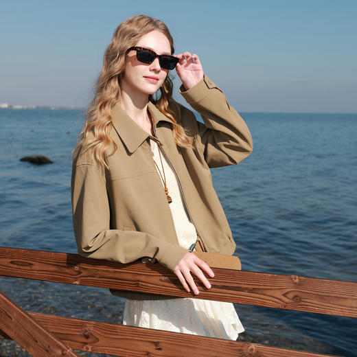 三彩2026春季新款绒感仿麂皮PU外套翻领夹克宽松落肩袖开衫M 商品图1