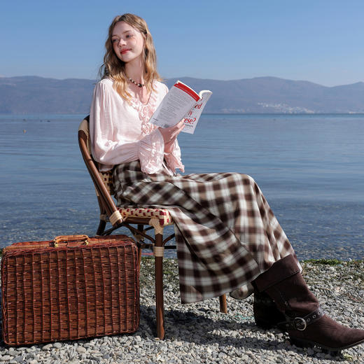 三彩2026春季新款格纹半身裙高腰不规则A字裙长裙游牧风M 商品图2