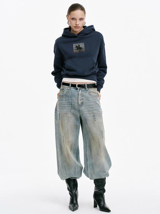 TR她热 旷野之息 藏蓝色抓绒印花烫钻小马保暖百搭宽松连帽卫衣 商品图0