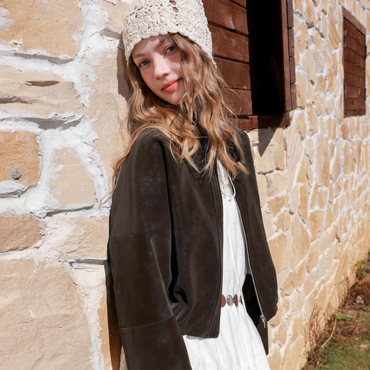 三彩2026春季新款绒感仿麂皮PU长袖外套夹克开衫短款宽松休闲M 商品图2