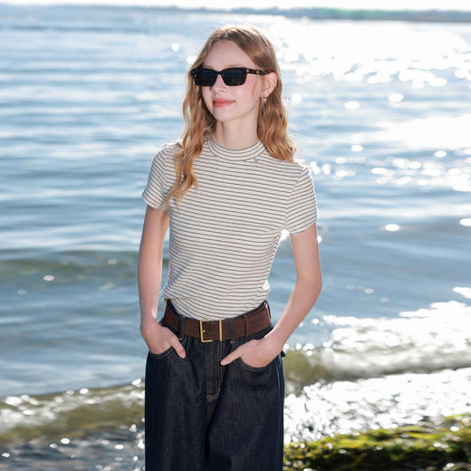 三彩2026春季新款简约撞色条纹T恤半高领修身短袖上衣套头衫M 商品图1