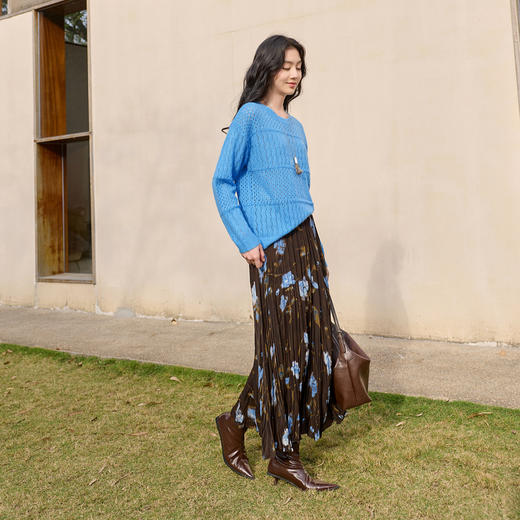 三彩2026春季新款复古压褶印花半身裙高腰长裙大摆A字垂感裙子S 商品图1