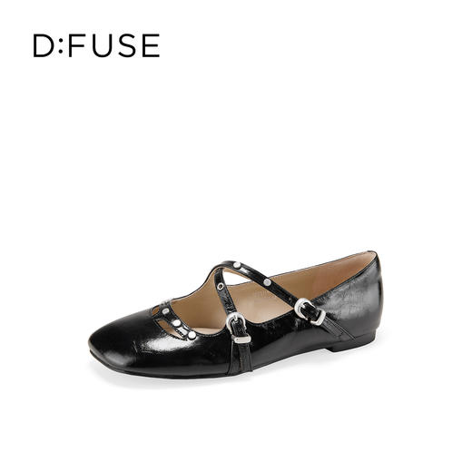 Dfuse迪芙斯2026春季新款尖头双条带铆钉甜酷朋克亮面漆皮单鞋平跟鞋DFE1111048 商品图5