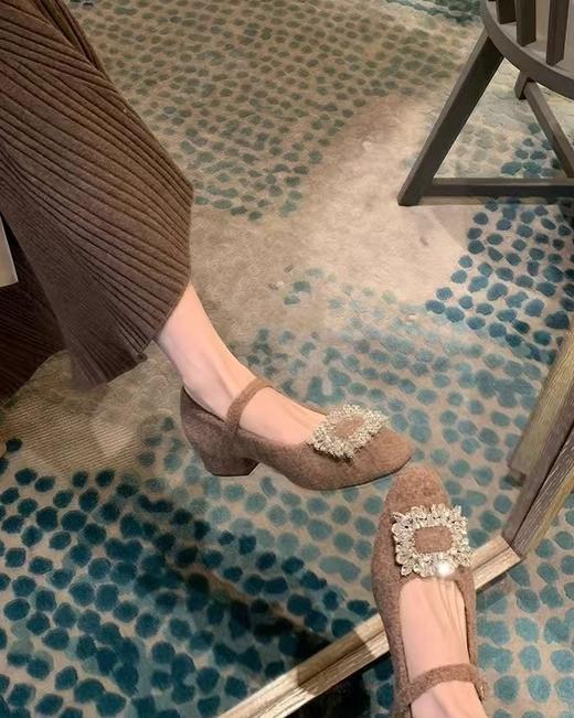 水钻毛呢玛丽珍秋冬加绒方头一字带小粗跟保暖法式女神鞋 商品图8