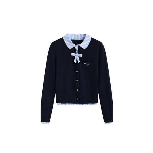 HERLIAN 2026年春季新品娃娃领撞色拼接女士长袖短款针织开衫上衣 商品图4