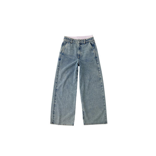 HERLIAN 2026年春季新品双腰头拼接女士阔腿显瘦水洗休闲牛仔裤 商品图4