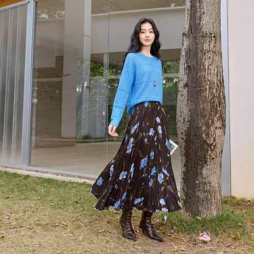 三彩2026春季新款复古压褶印花半身裙高腰长裙大摆A字垂感裙子S 商品图2