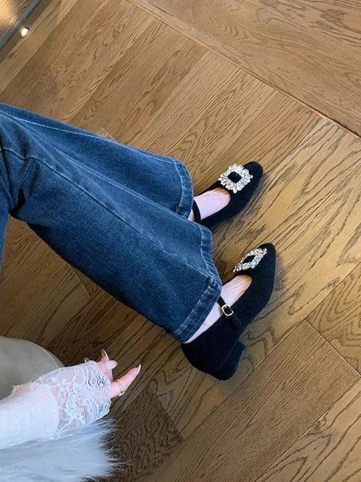 水钻毛呢玛丽珍秋冬加绒方头一字带小粗跟保暖法式女神鞋 商品图5