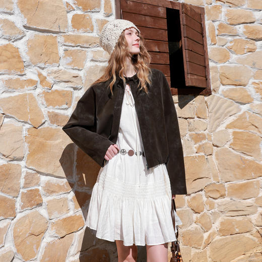 三彩2026春季新款绒感仿麂皮PU长袖外套夹克开衫短款宽松休闲M 商品图3