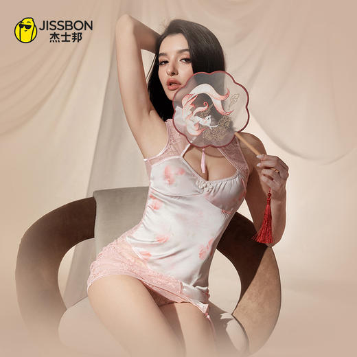 杰士邦粉色蕾丝拼接新中式连衣裙 商品图0