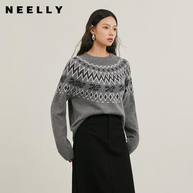 NEELLY纳俪商场同款冬季新款民族提花圆领撞色毛衣女提花显瘦上衣N25114A04574