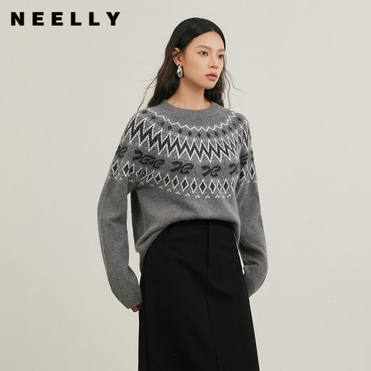 NEELLY纳俪商场同款冬季新款民族提花圆领撞色毛衣女提花显瘦上衣N25114A04574 商品图0