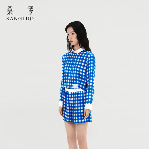 复古文艺』桑罗蓝白格纹睡衣套装桑蚕丝女士家居服可外穿 商品图3