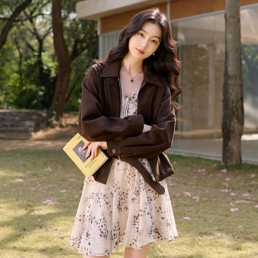 三彩2026春季新款宽松绒感仿麂皮PU外套简约夹克上衣复古拉链S 商品图2