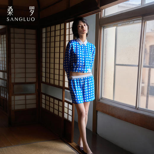 复古文艺』桑罗蓝白格纹睡衣套装桑蚕丝女士家居服可外穿 商品图2