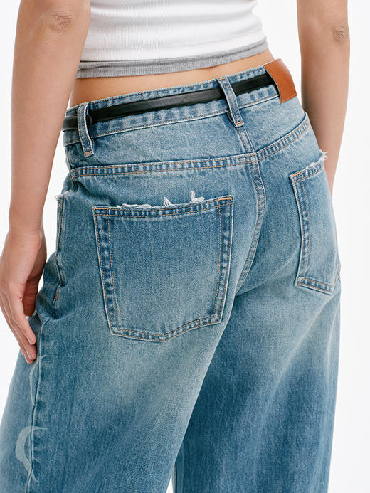 TR她热 暗月 蓝色水洗月食印花复古显瘦休闲宽松直筒牛仔裤 商品图2