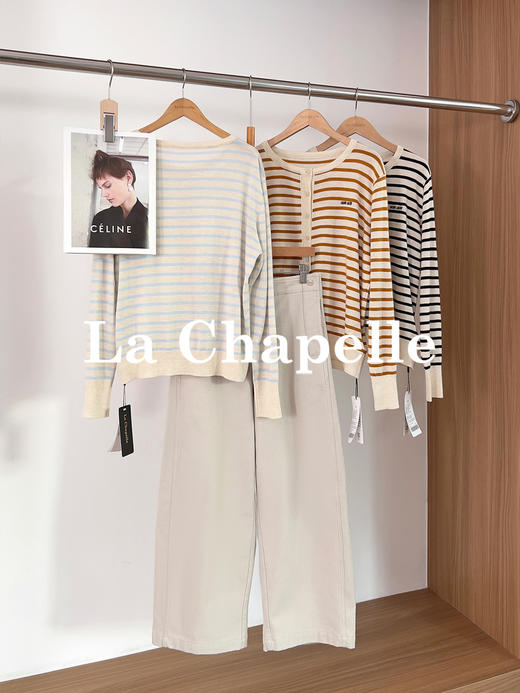 专柜实拍【绵羊毛+桑蚕丝】拉夏贝尔/La Chapelle垂感高级！长期主义实穿高性价比圆领刺绣条纹针织衫★ 商品图1