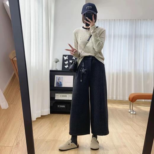 F010747后半松紧腰毛呢羊毛裤宽松直筒加绒休闲阔腿裤女秋冬裤子八分裤 商品图2